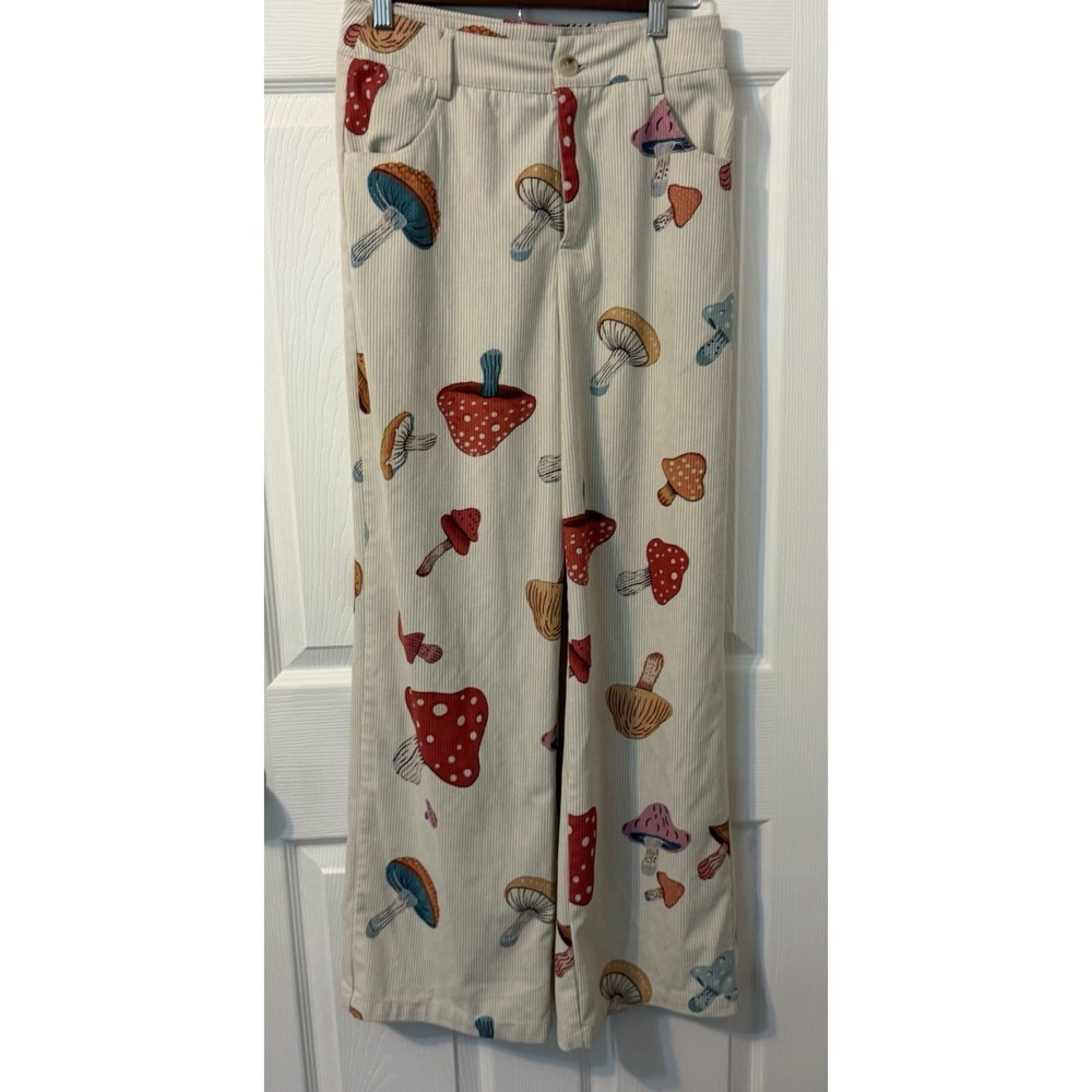 Cider Women's Beige Mushroom Corduroy Flare Wide Leg Boho Hippie Pants Size Sm